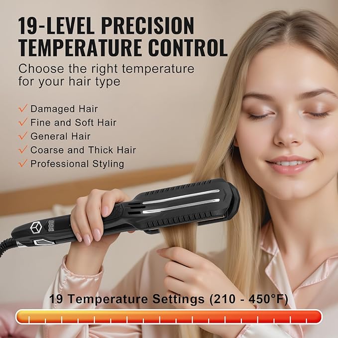 Happybuy Titanium Hair Straightener - Your Ideal Styling Companion! This 1.5 - inch Straightener Features Infrared Heating an LCD Display and 19 Temperature Options from 210°F - 450°F.