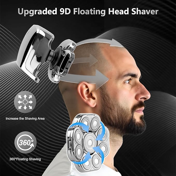 9D Bald Head Shaver for Bald Men 5-in-1 Electric Razor for Men Cordless Rechargeable &amp Waterproof Head Shaver for Wet/Dry Shave with Nose Hair Trimmer Massager LED Display