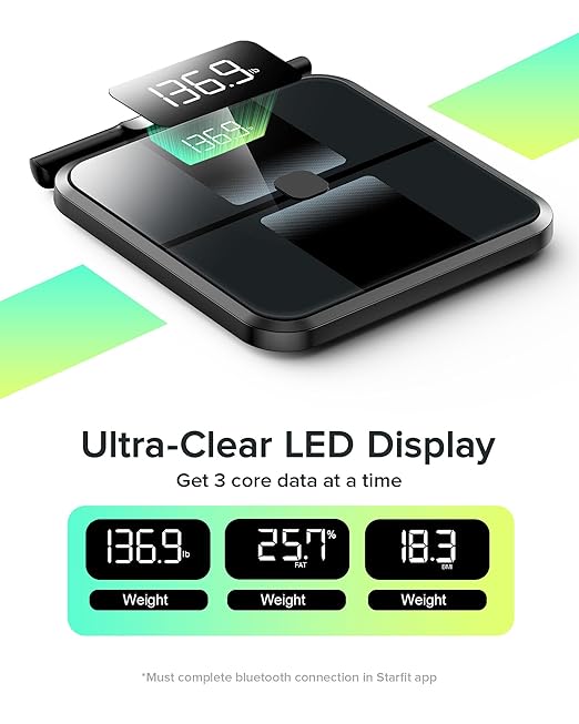RunStar Smart Scale for Body Weight Full-Body Bathroom Scale with 8 Electrodes for BMI Muscle Mass 3-Metric Display High-Accuracy Body Composition Monitor with 28 Metrics &amp App Connectivity Bl