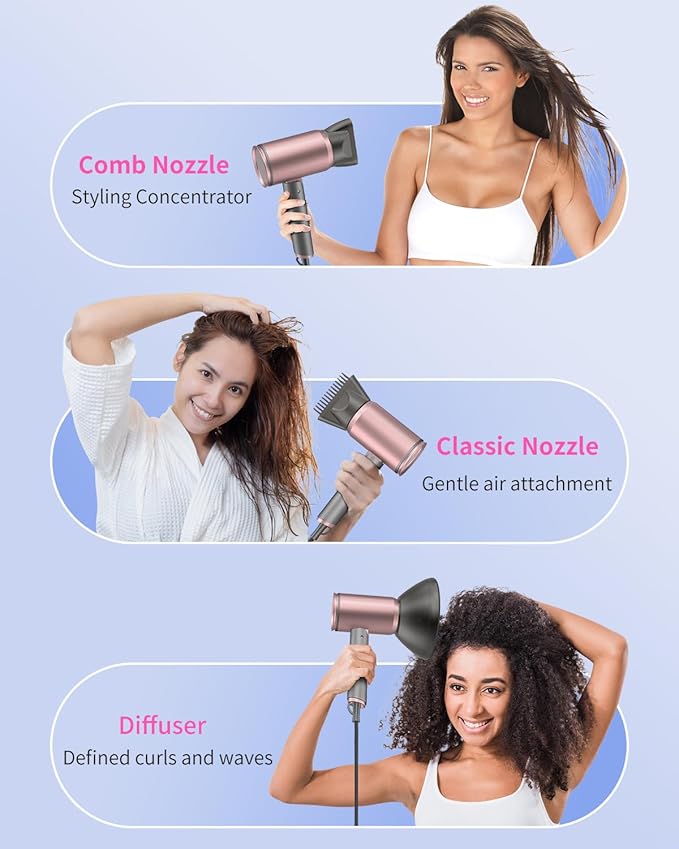 Foldable Portable Ionic Hair Dryer 1600W - Compact Mini Blow Dryer with Diffuser Concentrator &amp Comb Nozzle Intelligent Temperature Control Low Noise for Home Salon &amp Travel (PinkGrey)