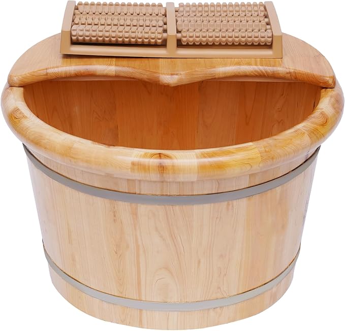 Wooden Foot Bath with Massage Roller Pedicure Tub for Home Use Foot Soak Bucket with Lid Manual/Hand-Powered Massage Therapy for Feet