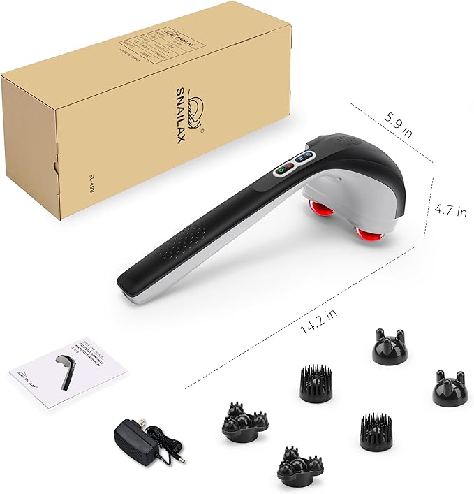 Snailax Cordless Handheld Back Massager with Heat Deep Tissue Percussion Massager 3 Sets of Dual Pivoting HeadsRechargeable Hand Held Massager for NeckBack ShoulderCalfLegs