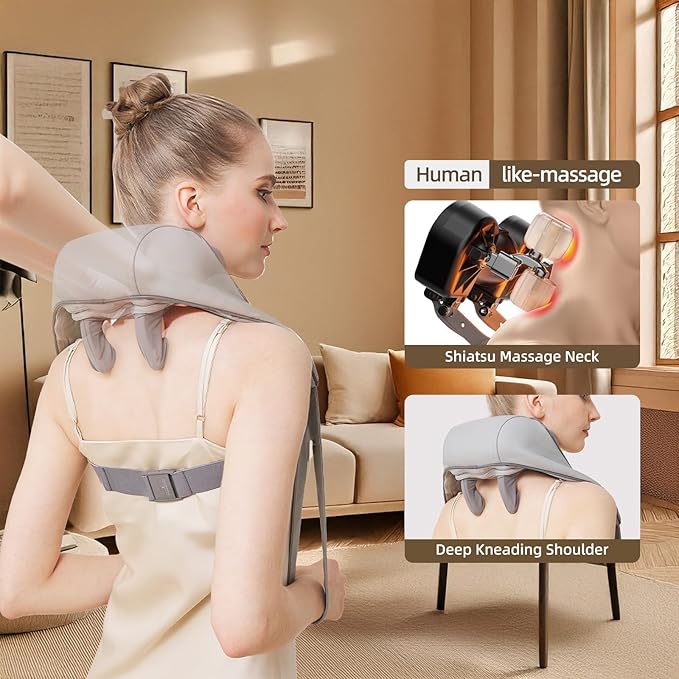 Cordless Shiatsu Neck and Shoulder Massager with Heat – 6D Kneading Massage Deep Tissue Pain Relief for Trapezius Rechargeable Brushless Motor