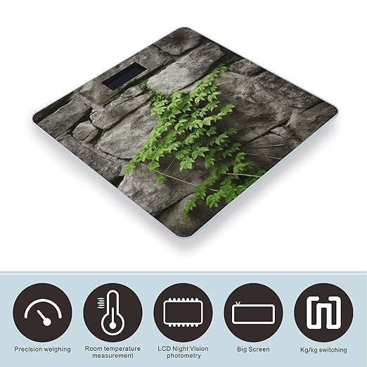 Plant on Stone Wall Scale for Body Weight Anti-Slip Tempered Glass Digital Bathroom Scales Clear LCD Display Weighing Scale Safe Rounded Corners Smart Scales