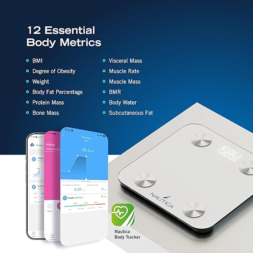 Nautica Body Tracker Digital Bathroom Scale Bluetooth-Enabled Smart Scale with BMI Body Fat Muscle Mass Tracking &amp More Syncs with Smartphone App for Body Composition Tracking 396 Lbs.