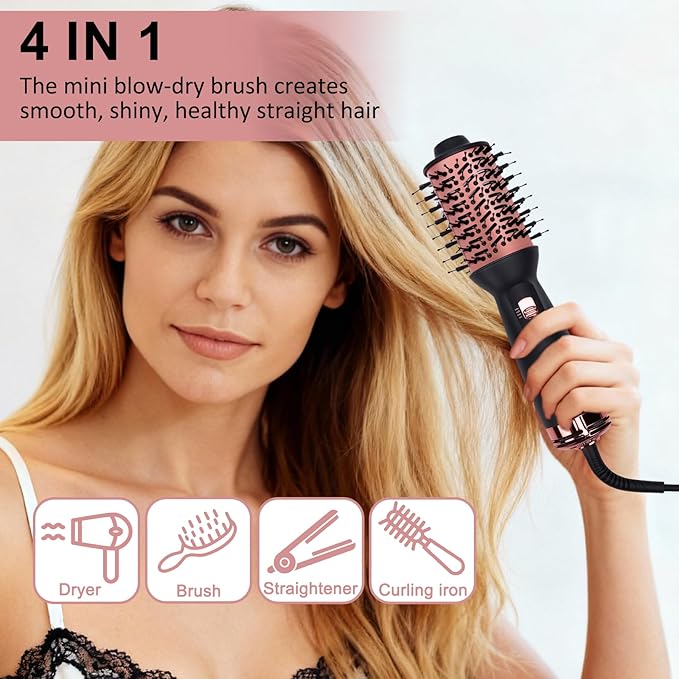 Dual Voltage Travel Hair Dryer Brush Small Portable Ionic Powerful Blow Dryer Drying Straightening Curling in One Step Suitable for Women &amp Kids with Long Hair