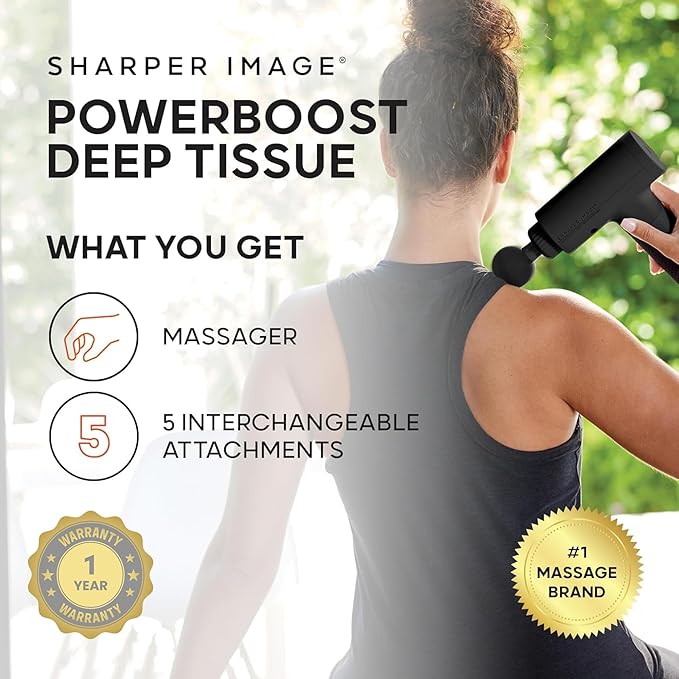 Sharper Image Powerboost Massage Gun Bundle - Deep Tissue Percussion Massager 2-Pack| 5 Attachments &amp 6 Speeds| Quiet Portable Muscle Relief &amp Workout Recovery| Men &amp Women Holiday Gift Se