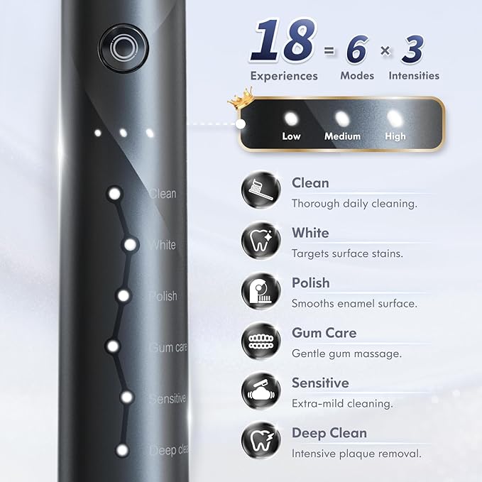 Electric Toothbrush for Adults Kids Electric Toothbrush Rechargeable Sonic Toothbrush Ultrasonic Toothbrush with Travel Case Holder &amp 7 Brush Heads 6 Modes &amp 3 Intensities 2-Minute Timer (B