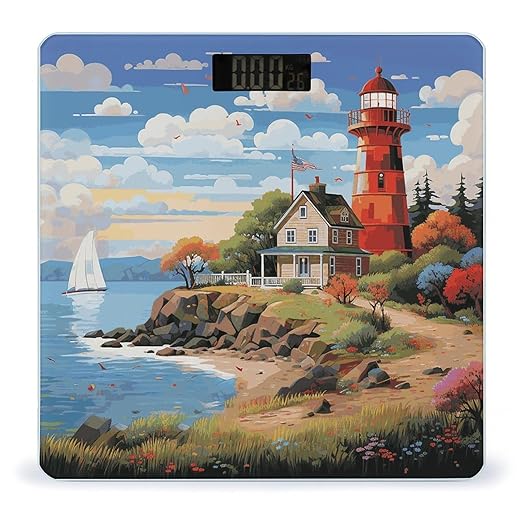 Coastal Lighthouse Bathroom Scale Automatic Power On/Off Body Scales LCD Backlight Display Square Digital Scale Rounded Corners Bathroom Scales for Home Bedrooms
