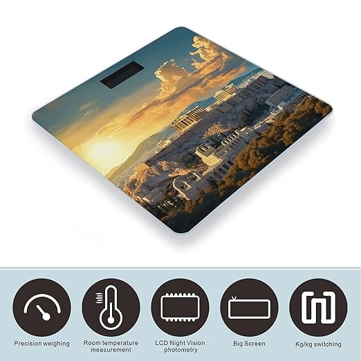 Acropolis Cityscape Skyline Bathroom Scale Large LCD Backlight Display Digital Scale Rounded Corners Body Scales Automatic Power On/Off Bathroom Scales for Home Bedrooms