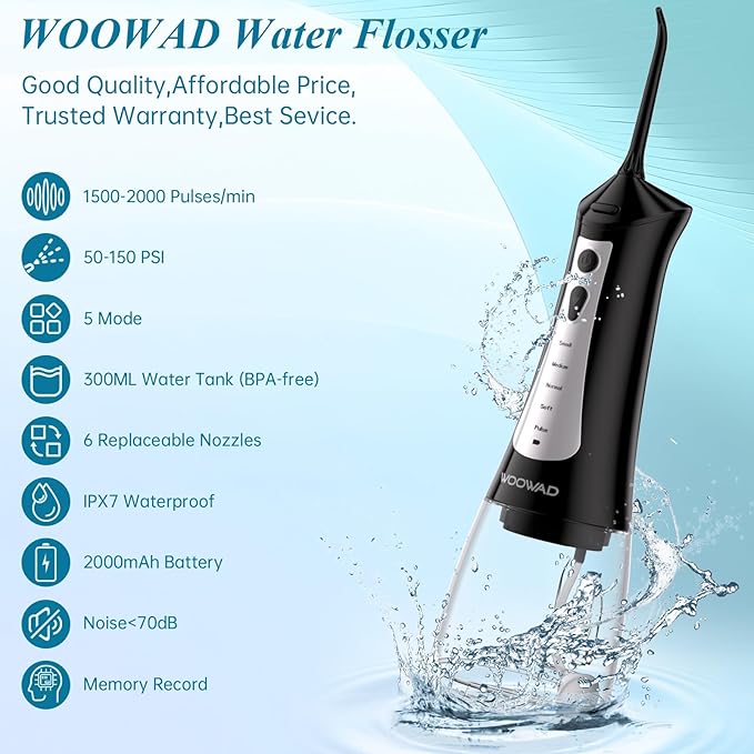 Water Flosser for Teeth 300ML CordlessPortable Water Dental Floss Pick IPX7 Waterproof 5 Modes &amp 6 Jet Tips Noise&lt70db Water Picks for Teeth Cleaning and Flossing Braces GumsOral Care