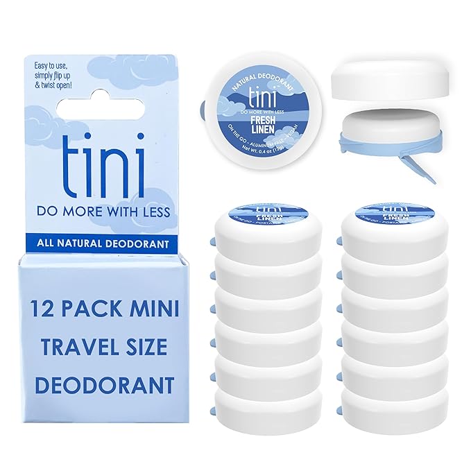 Tini Naturals Mini Travel Size Deodorant Unisex Aluminum Free Deodorant with Coconut Oil &amp Shea Butter 0.4oz each (12 Pack) Fresh Linen Scent