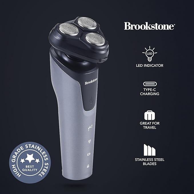 Brookstone - 3 Head Rotary Shaver Precision Shave Cutting-Edge Design Professional Quality (Black/Grey)