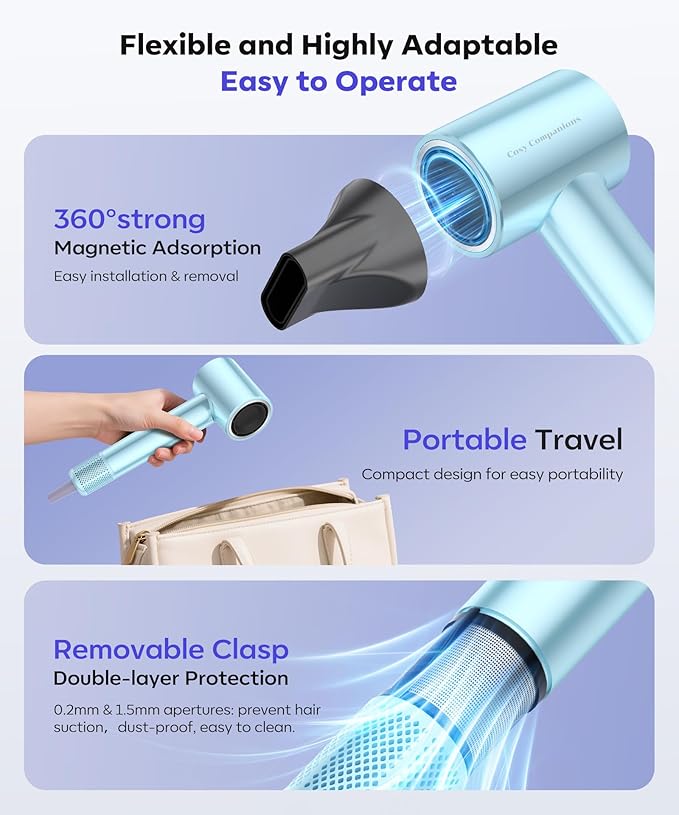 Cosy Companions High Speed Ionic Hair Dryer 150000 RPM Fast Drying Blow Dryer with 500 Million Negative Ions Lightweight with Heat Protection for Women &amp Men Professional Salon Dryer Blue