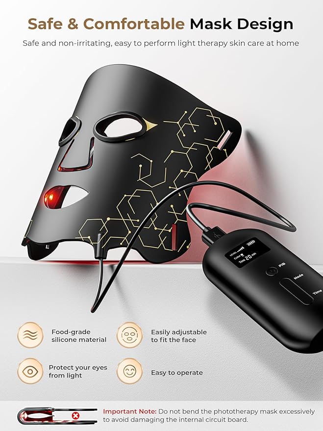 LED Light Therapy mask (E106A) for Face LED Light Therapy Mask with Adjustable Brightness and Timer Soft Silicone Red Light Therapy Mask for Home &amp Travel Black