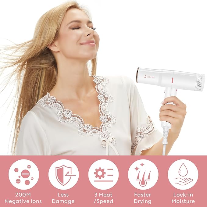 Hair Dryer IG INGLAM Professional 110000 RPM High Speed Blow Dryer Negative Ion Low Noise 3 Heat Settings &amp 3 Speed &amp Cold Settings Lightweight for Travel Home Salon Ionic Hair Dryer