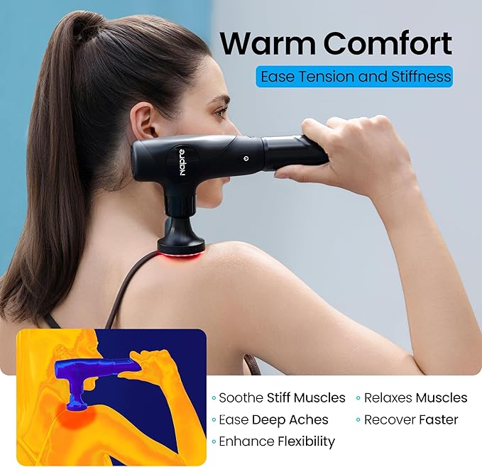 NAPRE 3-in-1 Detachable Massage Gun with HeatMini Massage Gun Deep Tissue with Extension HandlePortable Handheld Percussion Muscle Massager for Back/Neck/BodySmall &amp Quiet5 Heads