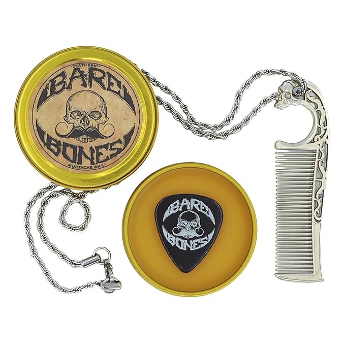 Mustache Wax Medium Hold Bare Bones 1 oz Tin &amp Necklace Death Grip Mustache Comb Mens Combo Kit - Grooming For Men Handlebar Moustache