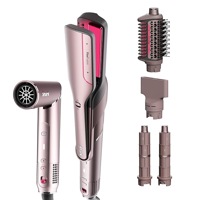 Shark FlexFusion Hair Straightener &amp Powerful Hair Dryer with Fusion Hair Brush Ceramic Air Styler with Auto-Wrap Curlers &amp Concentrator Ceramic Plates Cosmic Blush HD641S