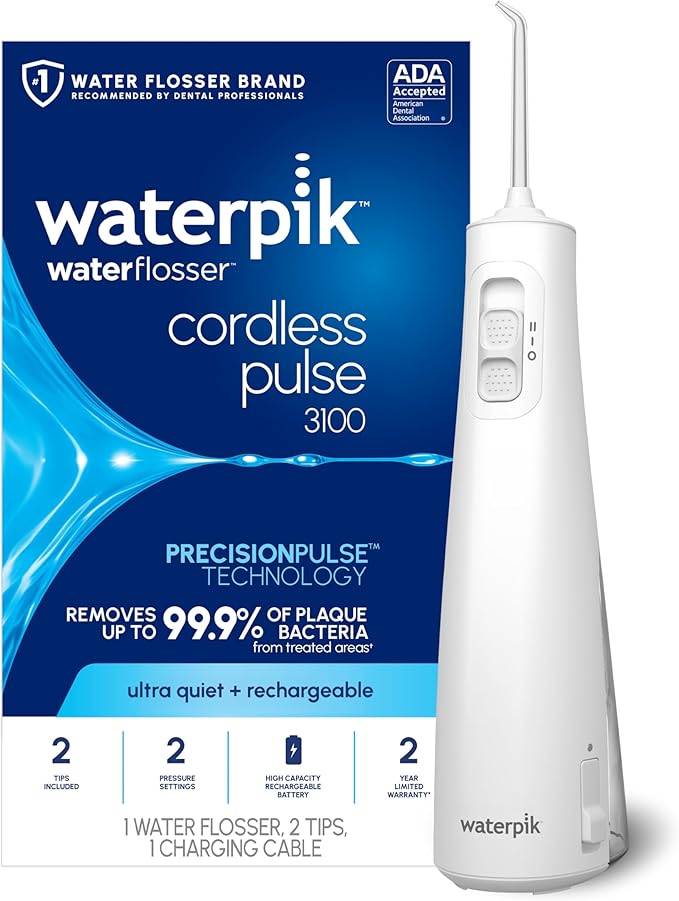 Waterpik Cordless Pulse 3100 Rechargeable Portable Water Flosser for Teeth Gums Braces Care and Travel with 2 Flossing Tips Waterproof for Shower Use ADA Accepted WF-20 White Amazon Exclusive