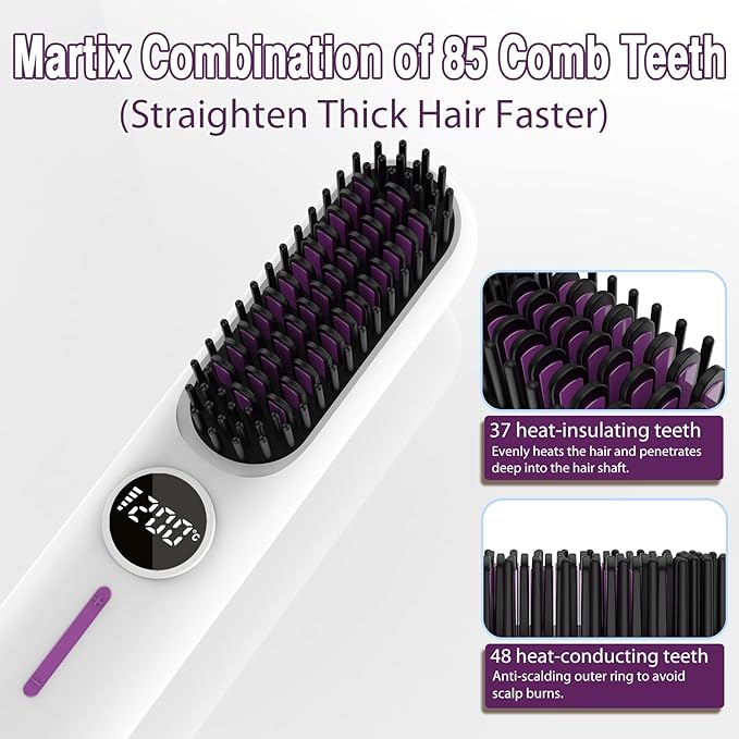 Cordless Hair Straightener Portable Travel Straightening Brush USB Rechargeable Mini Hot Ionic Straightener Comb for Women Fast Heating with 7 Temperature Adjustment (White)
