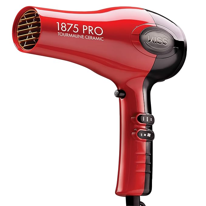 KISS 1875 Watt Pro Tourmaline Ceramic Hair Dryer Styling Edition 3 Heat Settings 2 Speed Settings Cool Shot Button 7 Blow Dryer Accessories Included 2-Year Warranty - Red