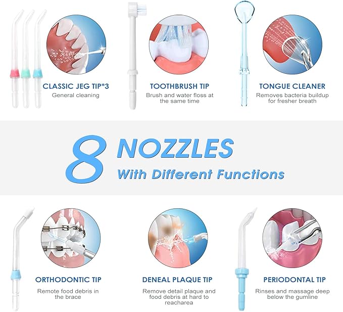 TUREWELL Water Flossing Oral Irrigator 600ML Dental Cleaner 10 Adjustable Pressure Electric Oral Flosser for Teeth/Braces 8 Replacement Jet Tips for Family (White)