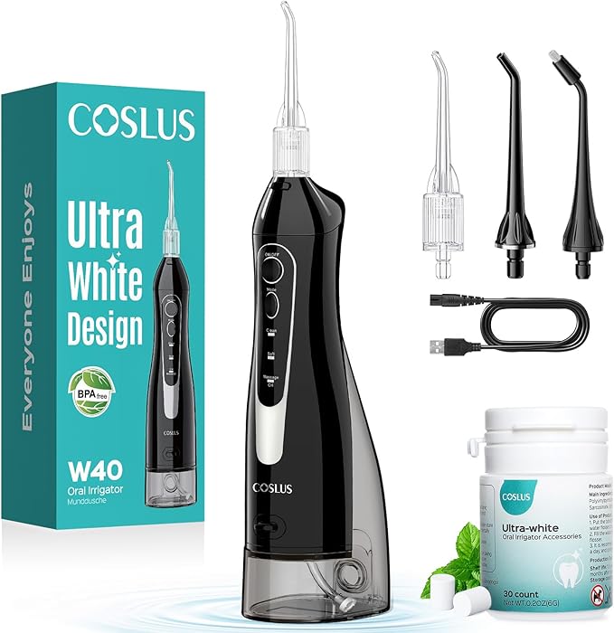COSLUS 4 Modes 5 Levels Pink Pro Flosser &amp W40(F5020E) Black Flosser Pick