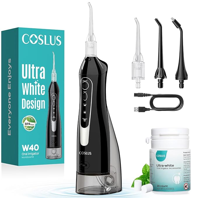 COSLUS Water Flosser Pick with Whitening Mint Flavor Refill Combo &amp Mini Water Flosser for Travel T40