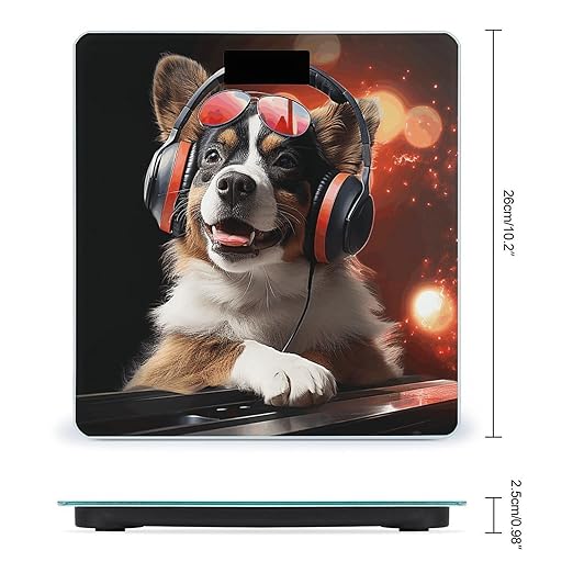 Cute Dog Wearing Headphones Scale for Body Weight Anti-Slip Tempered Glass Digital Bathroom Scales Clear LCD Display Weighing Scale Safe Rounded Corners Smart Scales