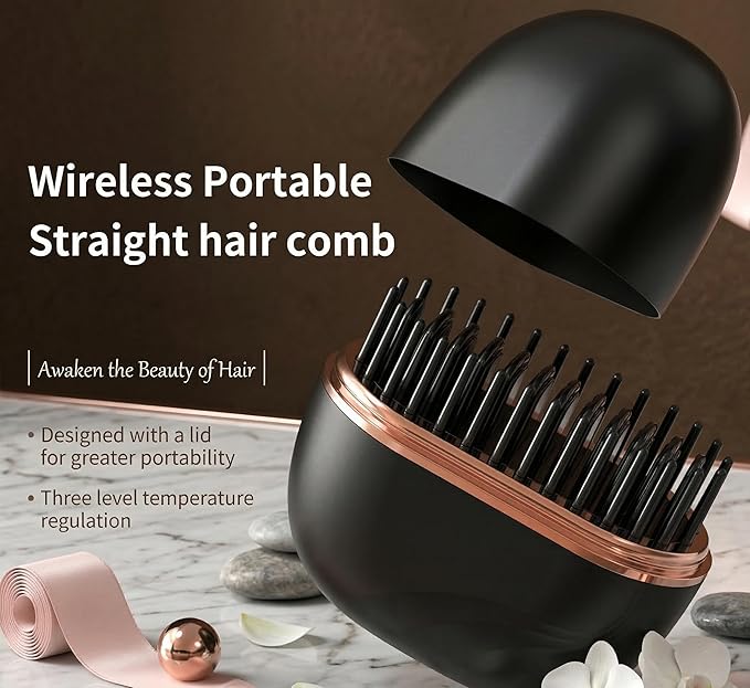 Portable Cordless Hair Straightener Brush Mini Wireless Hair Straightening Comb with Rechargeable Battery Anti-Scald Travel Heated Brush for Women Quick Heating Hair Care Styling Tool