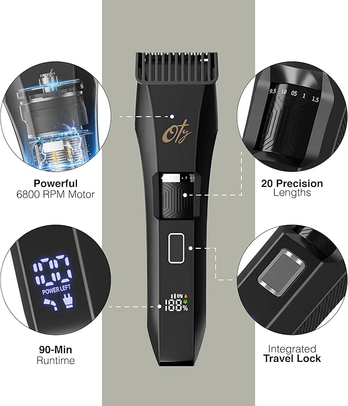 Oty Beard Trimmer for Men Adjustable - Waterproof Cordless Hair Clippers with 20-Length Dial Stainless Steel Blades LED Display &amp Travel Lock - Rechargeable Grooming Kit – Ideal Gift for Men
