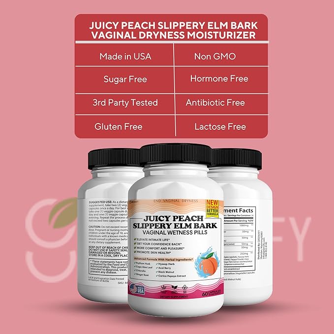 Juicy Peach Slippery Elm Bark Vaginal Dryness Moisturizer Feminine Care for Women End Vaginal Dryness with Slippery Elm Bark | Feminine Care for Vaginal Health Made in USA 60 Cap