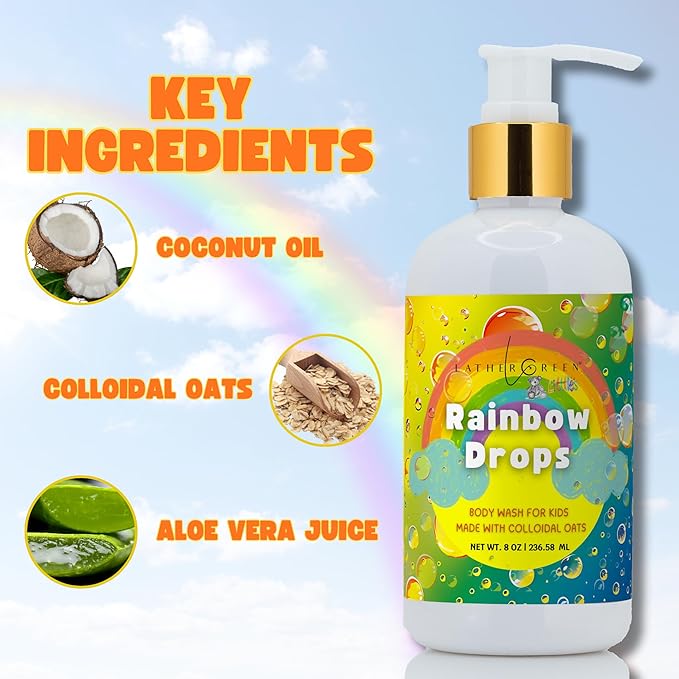 Kids Body Wash – Plant Based Gentle Moisturizer with Shea Butter – Safe for Sensitive Skin – Rainbow Drops – 3 Pack (8 oz Each)