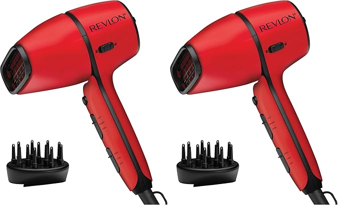 REVLON Airflow Control Hair Dryer with Diffuser - 1875W Blow Dryer Head Rotates 90° for Total Control Wider Head for Less Drying Time Reduces Frizz (Red) (Pack of 2)