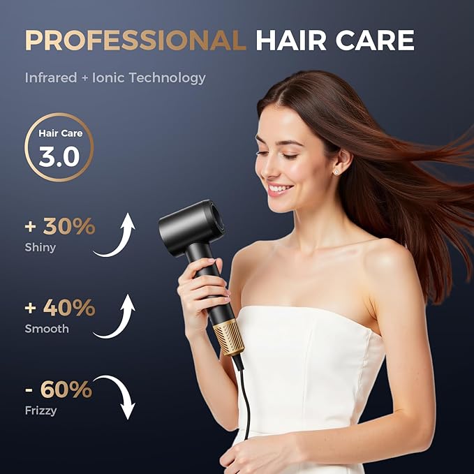 Infrared Hair Dryer with Magnetic Nozzle - 160000 RPM Quiet lonic Blow Dryer for Women with Frizz Control &amp No Heat Damage Red Light Negative Ions Fast Drying for All Hair Types