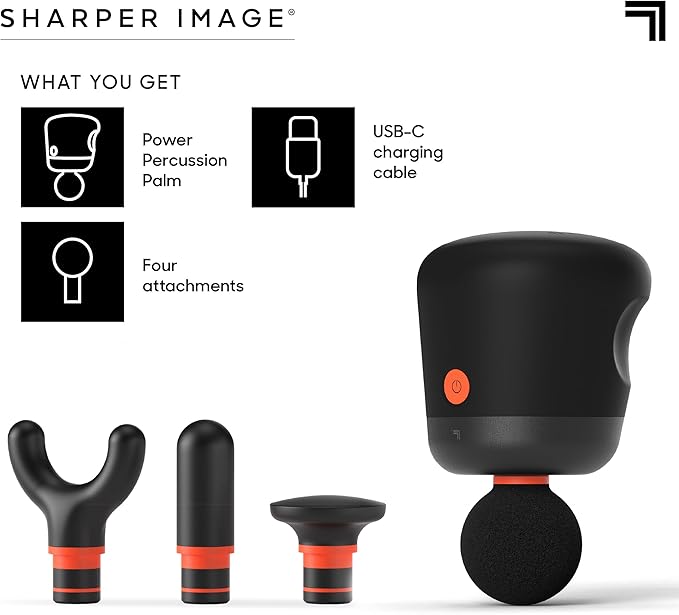Sharper Image Mini Massage Gun Powerboost Palm Rechargeable Deep Tissue Percussion Handheld Massager 4 Adjustable Speeds 4 Attachment Heads Full Body Muscle Pain Relief Gift Black