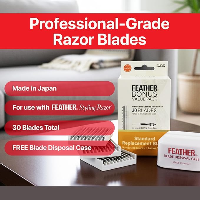 Feather Bonus Value Pack - Styling Razor Standard Blades - Professional Hair Cutting Blades for Styling Shaping Thinning - Single Edge Guarded Blade -Made in Japan- 30 Counts + 1 Blade Disposal Case