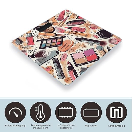 Cosmetic and Makeup Theme Pattern Bathroom Scale Rounded Smart Scale for Body Weight Automatic Power On/Off Weight Scales Accurate Bathroom Digital Scales for Pet Home Bedroom Kitchen