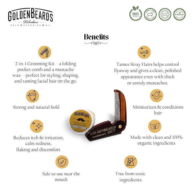 Golden Beards Mustache Wax with GB-77 Folding Comb – Organic &amp Natural Styling Wax for Men – Strong Hold Vegan Cruelty-Free Grooming Kit
