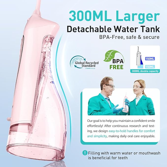 COSLUS Water Dental Flosser Teeth Pick C20(F5020E): Portable Cordless Oral Irrigator 300ML Rechargeable Travel Irrigation Cleaner IPX7 Waterproof Electric Flossing Machine for Teeth Cleaning Pink
