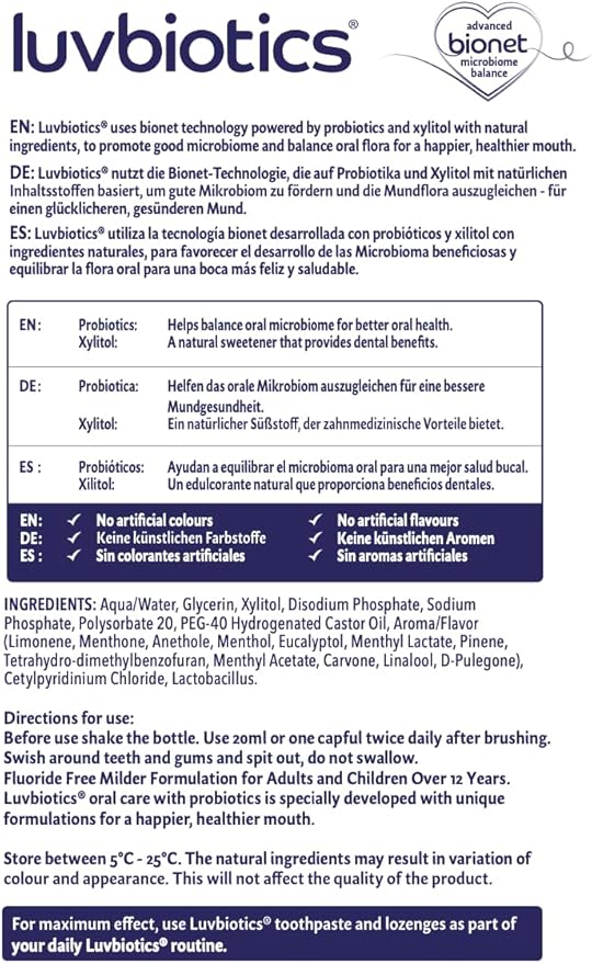 Luv Biotics Fluoride Free Mouthwash with Oral Probiotics Xylitol &amp Aloe Vera -3 x 500ml