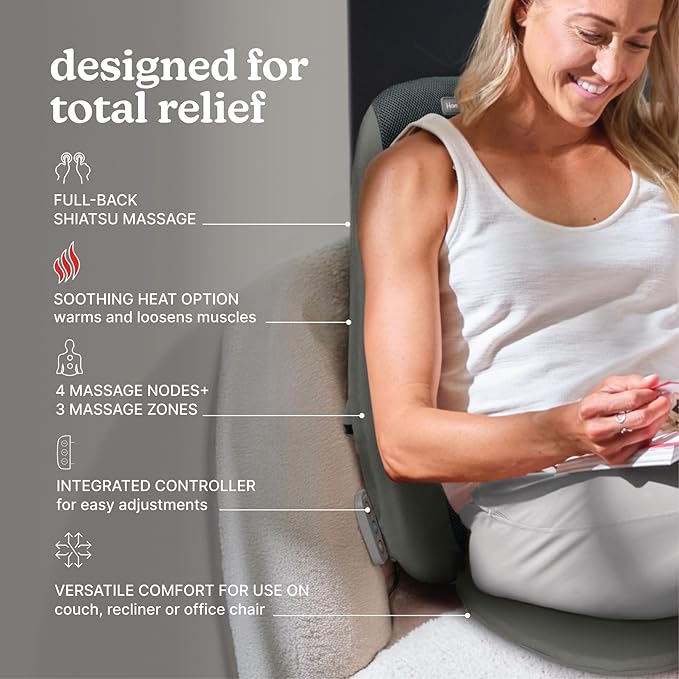 Homedics Shiatsu Massage Cushion with Heat Pain Relief for Back Muscle Tension Deep-Kneading Therapy Works Out Knots &amp Stiffness 3 Massage Zones Fits Most Chairs for Home or Office
