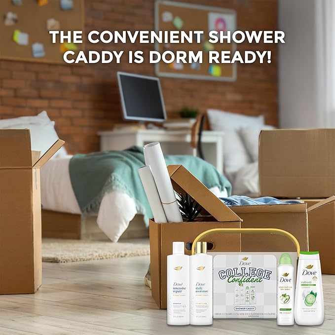 Dove Shower Caddy College Confident Gift Set – Cucumber &amp Green Tea Body Wash Intensive Repair Shampoo Daily Moisture Conditioner Cool Essentials Deodorant for Women (5 Piece Set)