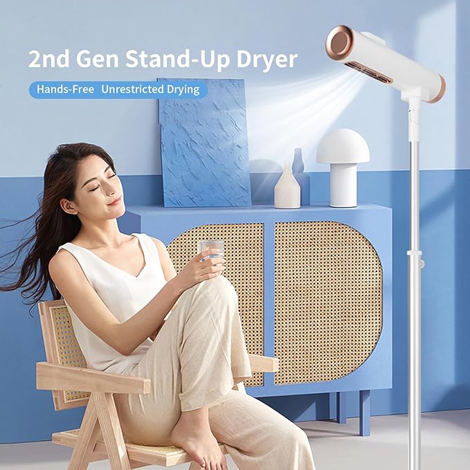 Adjustable Standing Hair Dryer Hands-Free Vertical Blow Dryer with Cool/Hot Air Settings Space-Saving Design for Bathroom Salon &amp Home Use - Includes Diffuser &amp Concentrator