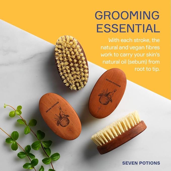 Seven Potions Vegan Beard Brush for Men — 100% Sisal Plant Fibre &amp Pear Wood — Firm Bristles to Gently Tame/Soften/Exfoliate – 100% Natural Non-Synthetic