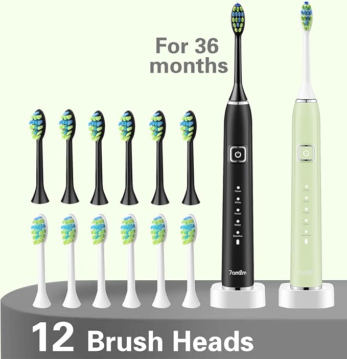7AM2M Sonic Electric Toothbrush with 6 Brush Heads for Adults and Kids One Charge for 90 Days Wireless Fast Charge 5 Modes with 2 Minutes Built in Smart Timer Electric Toothbrushes(Green+Black)