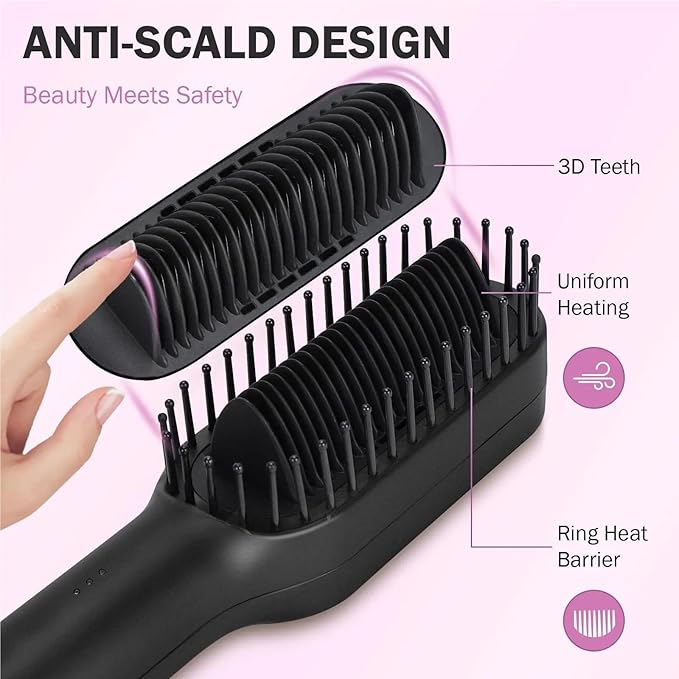 Negative Ions Hair Straightener Brush - 2 in 1 Fast Heating Anti-Scald &amp Anti-Heat Damage Hair Styling Tool - Black Rose Red(Gray)