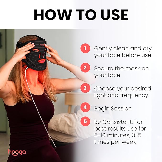 Hooga Red Light Therapy Mask – LED Face Mask 630nm 660nm Red &amp 850nm Near Infrared Light Therapy Tri Chip LEDs Rechargeable Adjustable Comfortable Face Mask