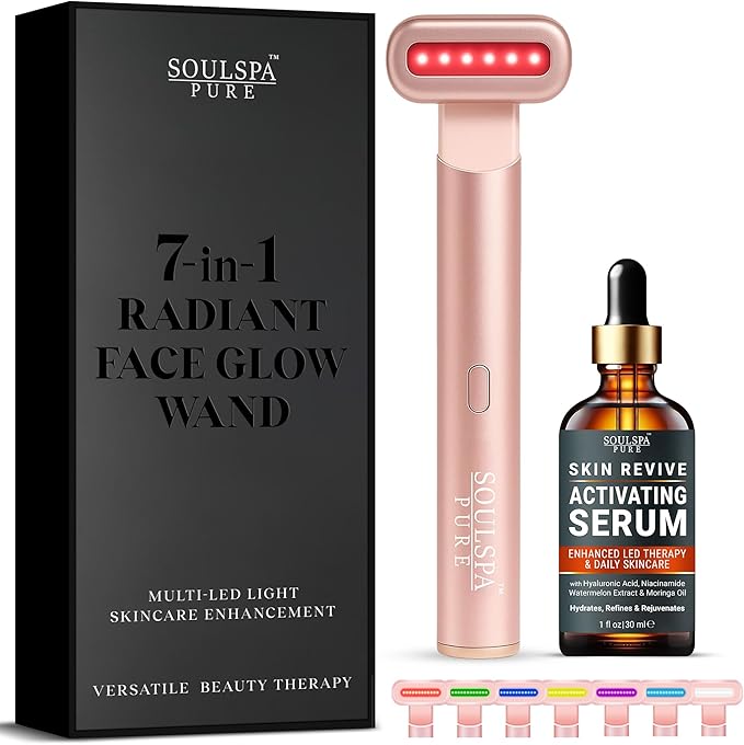 Face Massager 7 in 1 LED Red Light Wand for Face Neck &amp Eye – Rose Gold with Activating Serum | Portable Skincare Device Rechargeable Beauty Tool